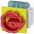 A yellow electrical switch with a red handle, labelled 'ON' and 'OFF'. The switch is in the 'OFF' position.