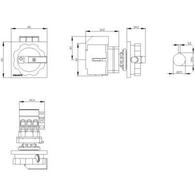 Technical drawing of a switch with three views: front, side, and top view. Dimensions and technical details mark the structure.