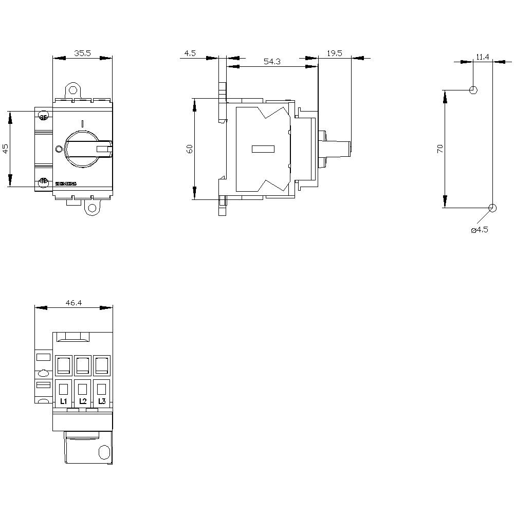 Technical drawing of an electrical switch with dimensions: Height 70 mm, Width 35.5 mm. Side, front, and top views are shown.