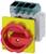 Switch with red rotary knob and yellow base, used for electrical control in industrial equipment; set to '0'.