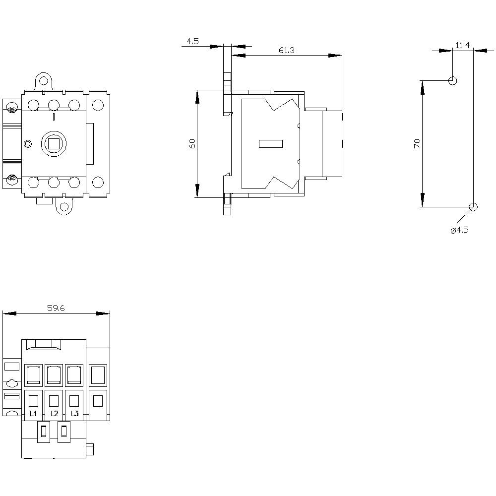 Technical drawing of an electrical switch with dimensions: width 59.6 mm, height 70 mm. Shows front, side, and top view.