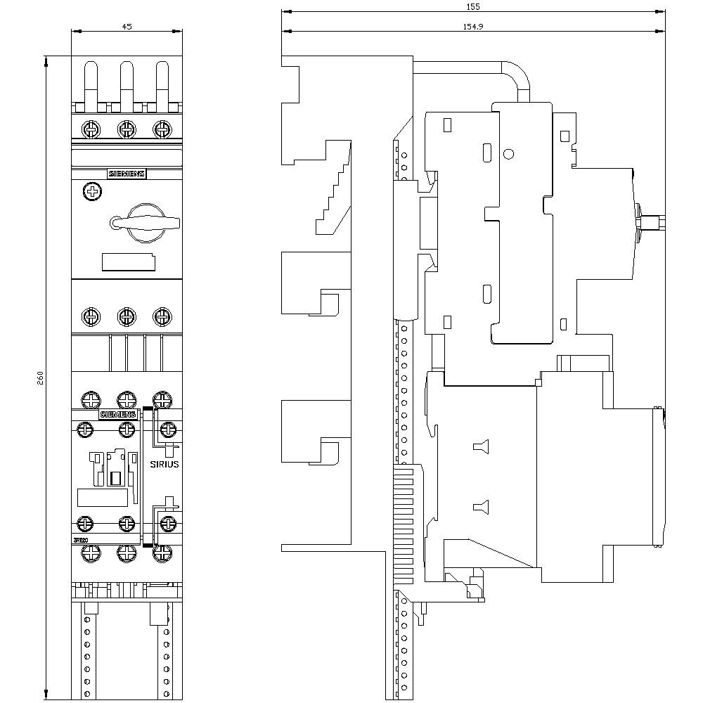 Technical drawing of a switchgear device by Siemens. Shows the front and side view with dimensions and component placement.
