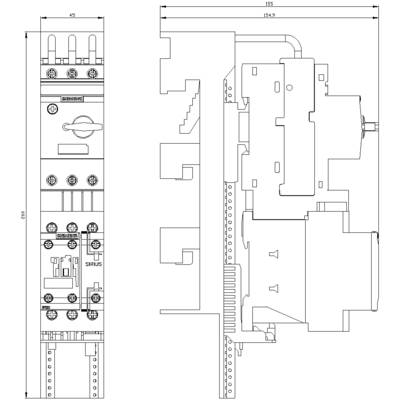 Technical drawing of a switchgear device by Siemens. Shows the front and side view with dimensions and component placement.