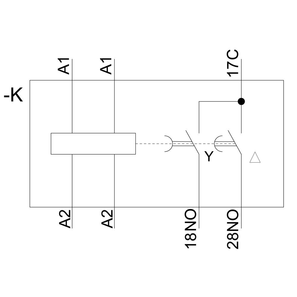 'Wiring diagram of a relay with two normally open contacts and a coil. Designations: -K for relay, A1 and A2 for coil, 18NO and 28NO for normally open contacts, 17C for common terminal.'
