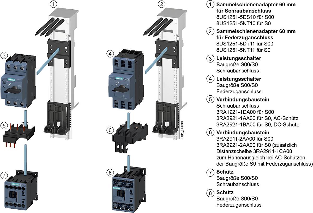 'Illustration of two busbar adapters with accessory components. Key components: circuit breakers, connecting modules, contactors.'