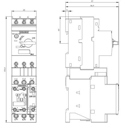 Technical drawing of an electrical switching device with front and side views, showing dimensions of 45mm width and 96.9mm depth.
