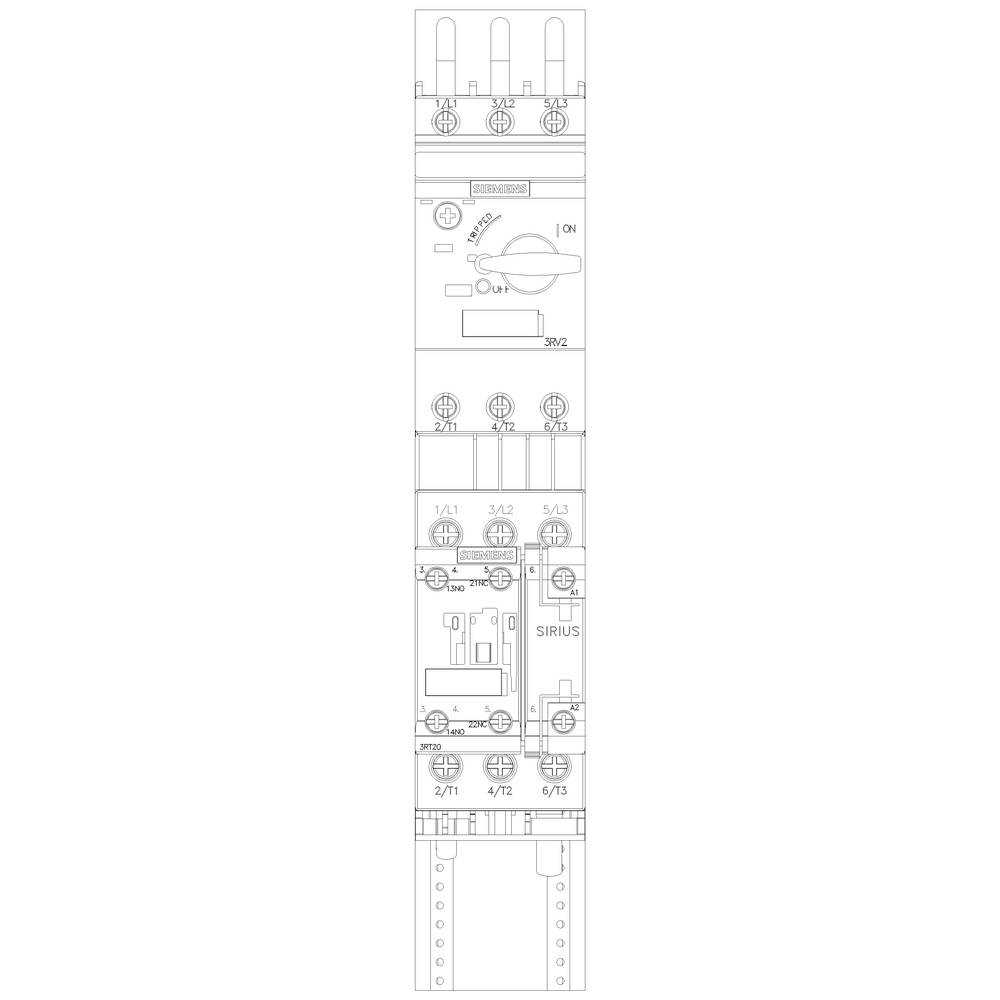 Circuit diagram of an electrical switchgear with control panel, lever positions and terminal connections, marked with 'SIRIUS'.