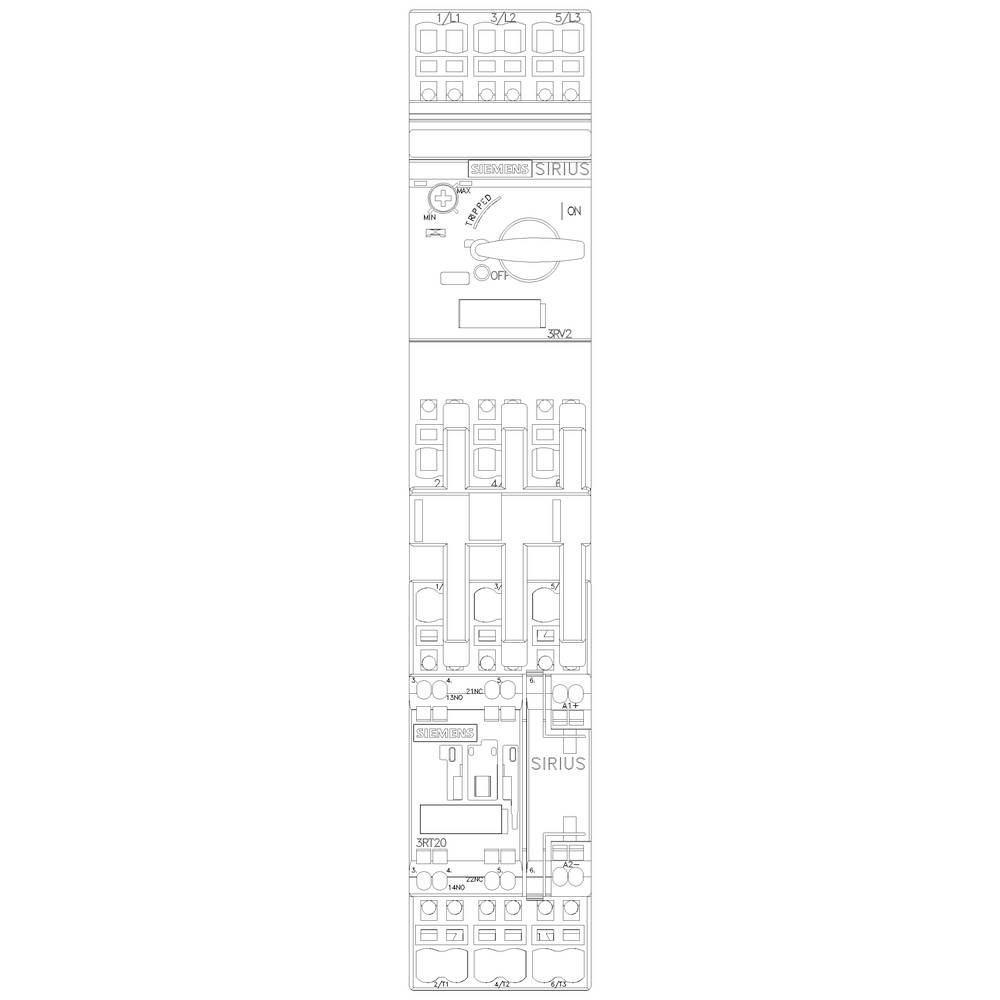 'Schematic diagram of an electrical switch with multiple components, switches, and terminal blocks, labelled with "SIRIUS".'