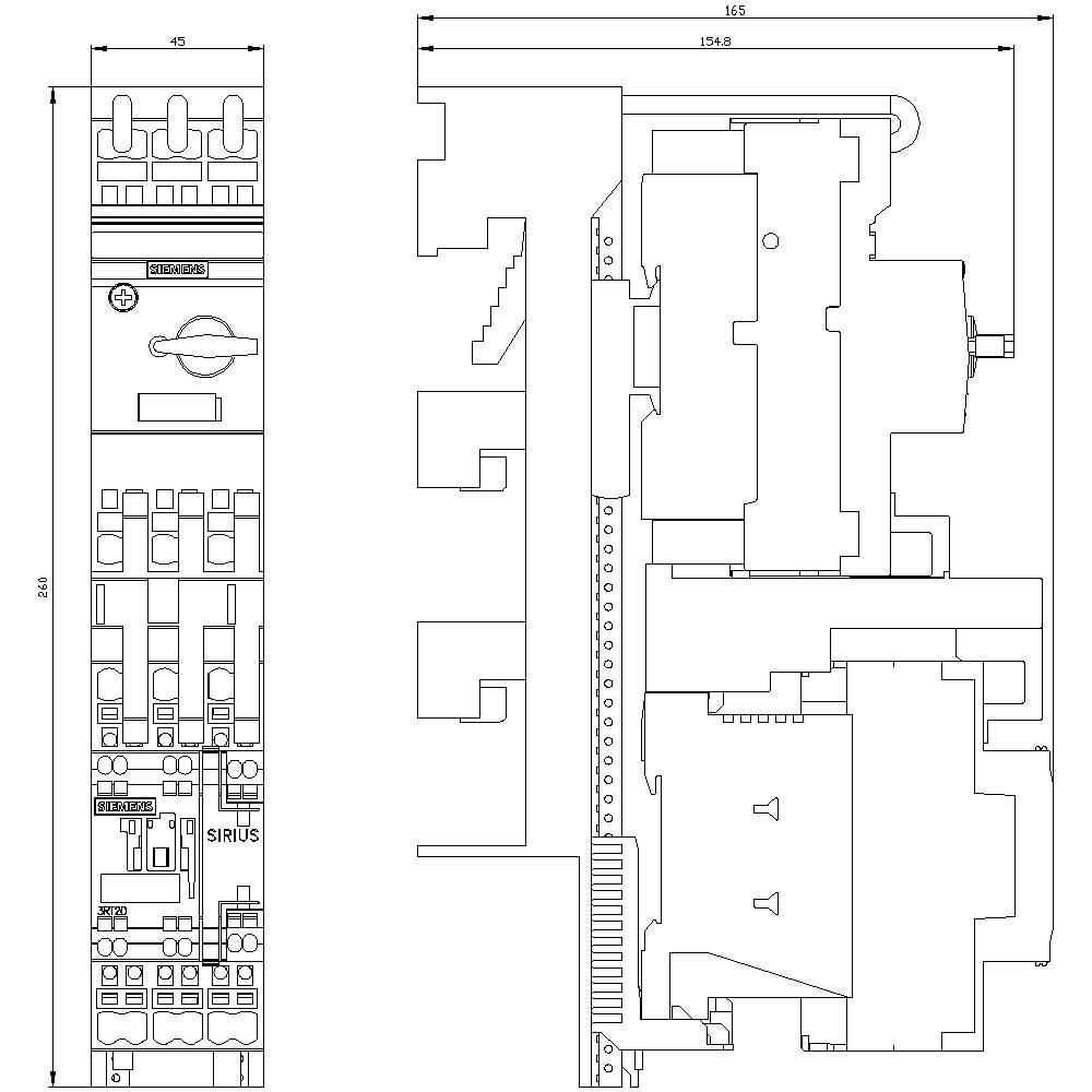 'Technical drawing of a safety switch, showing circuits and components in detailed view, side and front view.'