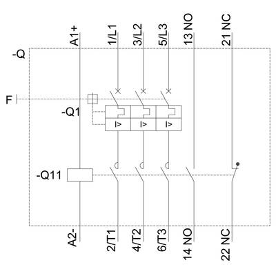 Schematic representation of a circuit diagram with multiple contact points, including labels such as A1+, A2-, 1/L1, 3/L2, 5/L3, 13 NO, 21 NC.