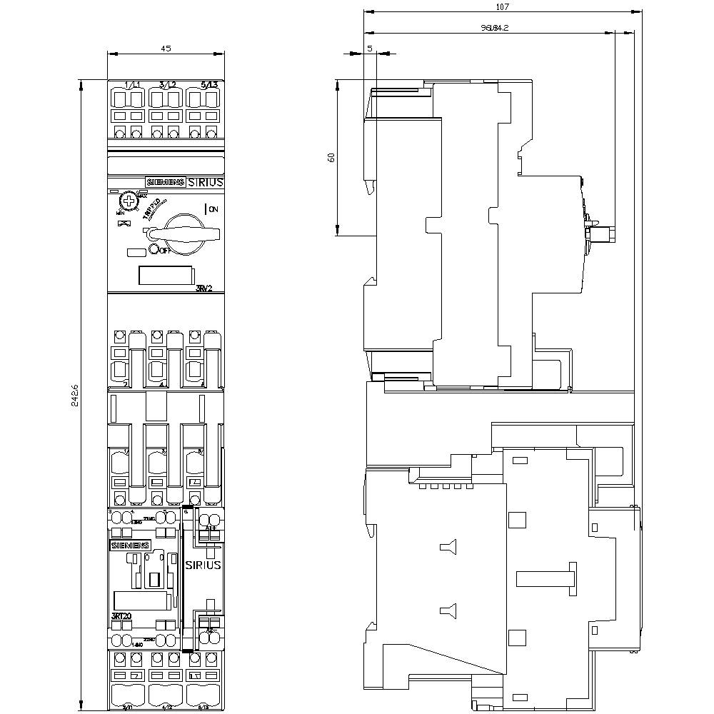 Technical drawing of an electronic device with detailed dimensions and components. Shows front and side view.