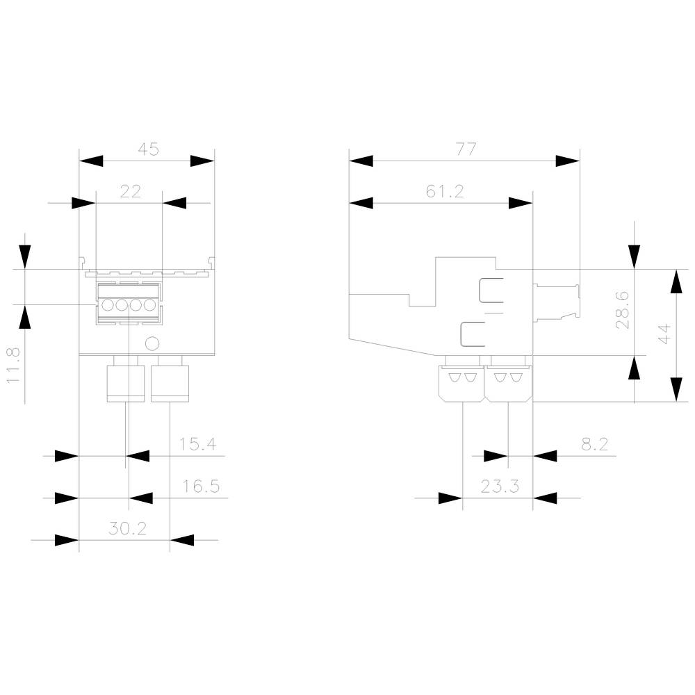 Technical drawing of a two-pole relay housing with dimensions: 45x22x11.8 mm from the front, 77x44x28.6 mm from the side.