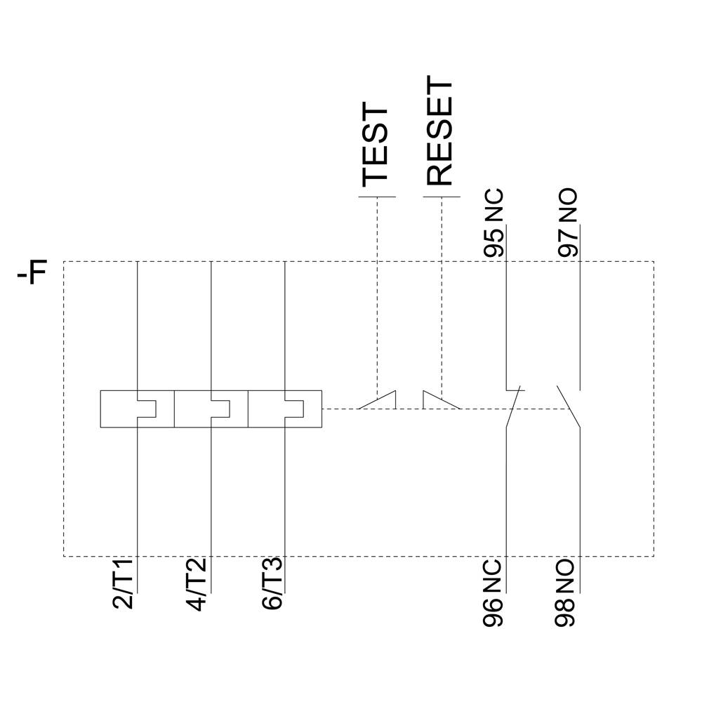 Circuit diagram shows a connection of terminals 2/T1, 4/T2, 6/T3 to a switch with 'TEST' and 'RESET' buttons and terminals 95 NC, 96 NC, 97 NO, 98 NO.