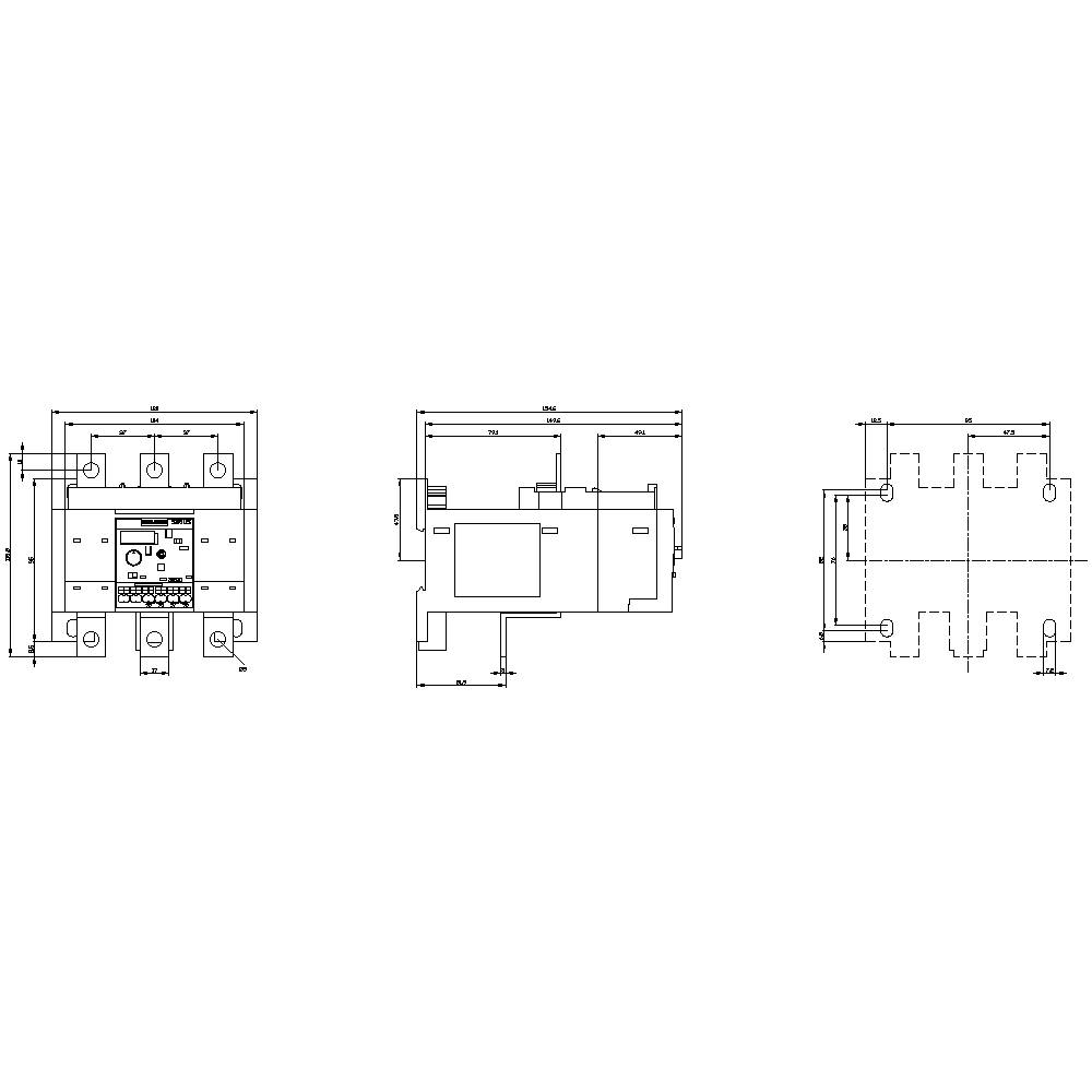 Technical drawing of an electronic component with three views: front, side, and top view. Details of dimensions and connection points.