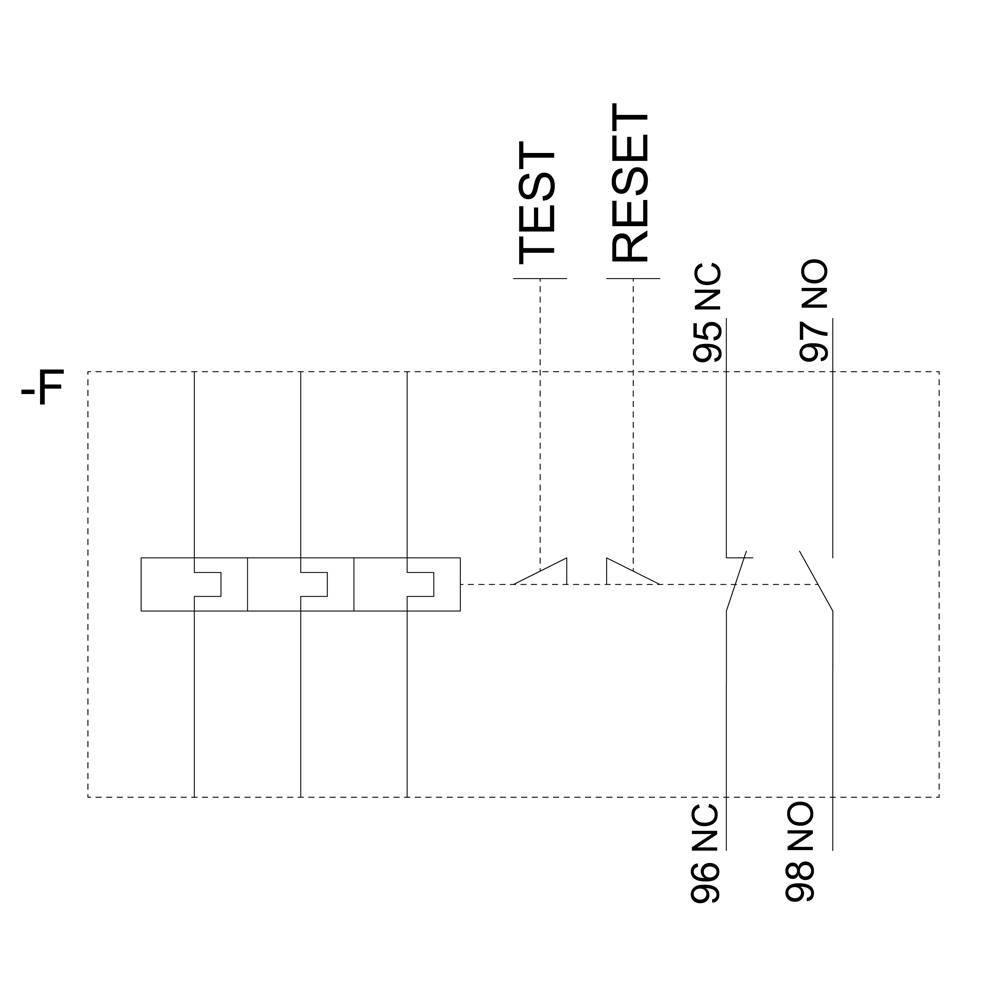 Electrical circuit diagram with 'TEST' and 'RESET' labels, showing connection points 95 NC, 96 NC, 97 NO, 98 NO.