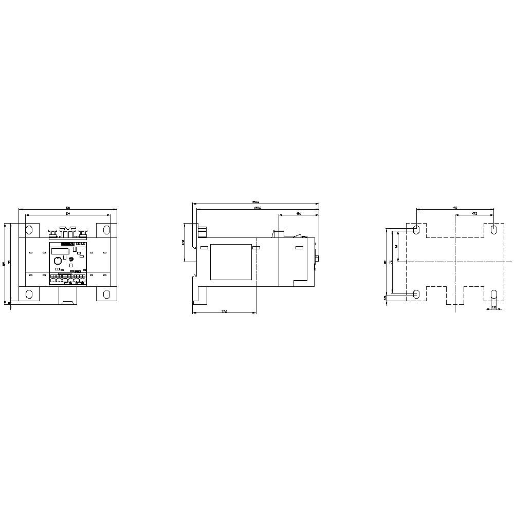Technical drawing of an electrical switchboard with front, side, and top views, with all measurements detailed.
