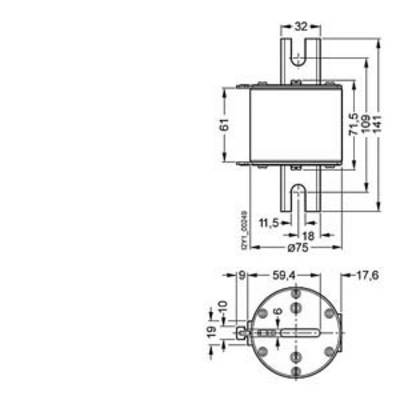 Technical drawing of a cylindrical component with dimensions in millimetres. Measurements are indicated at various points.