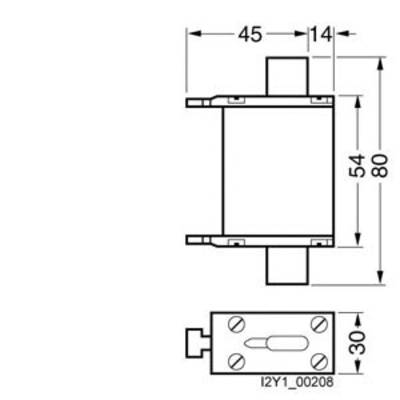 Technical drawing of a rectangular component with dimensions: 45 x 14, 54 x 80, 30. Top view shows drilling, lower side view.