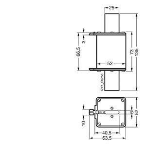 Technical drawing of a component with dimensions: Height 73 mm, Width 52 mm, Depth 66.5 mm. Front and top view.