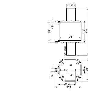Technical drawing of a square part with dimensions, side view and top view. Dimensions: 73 mm width, 32 mm pipe diameter.