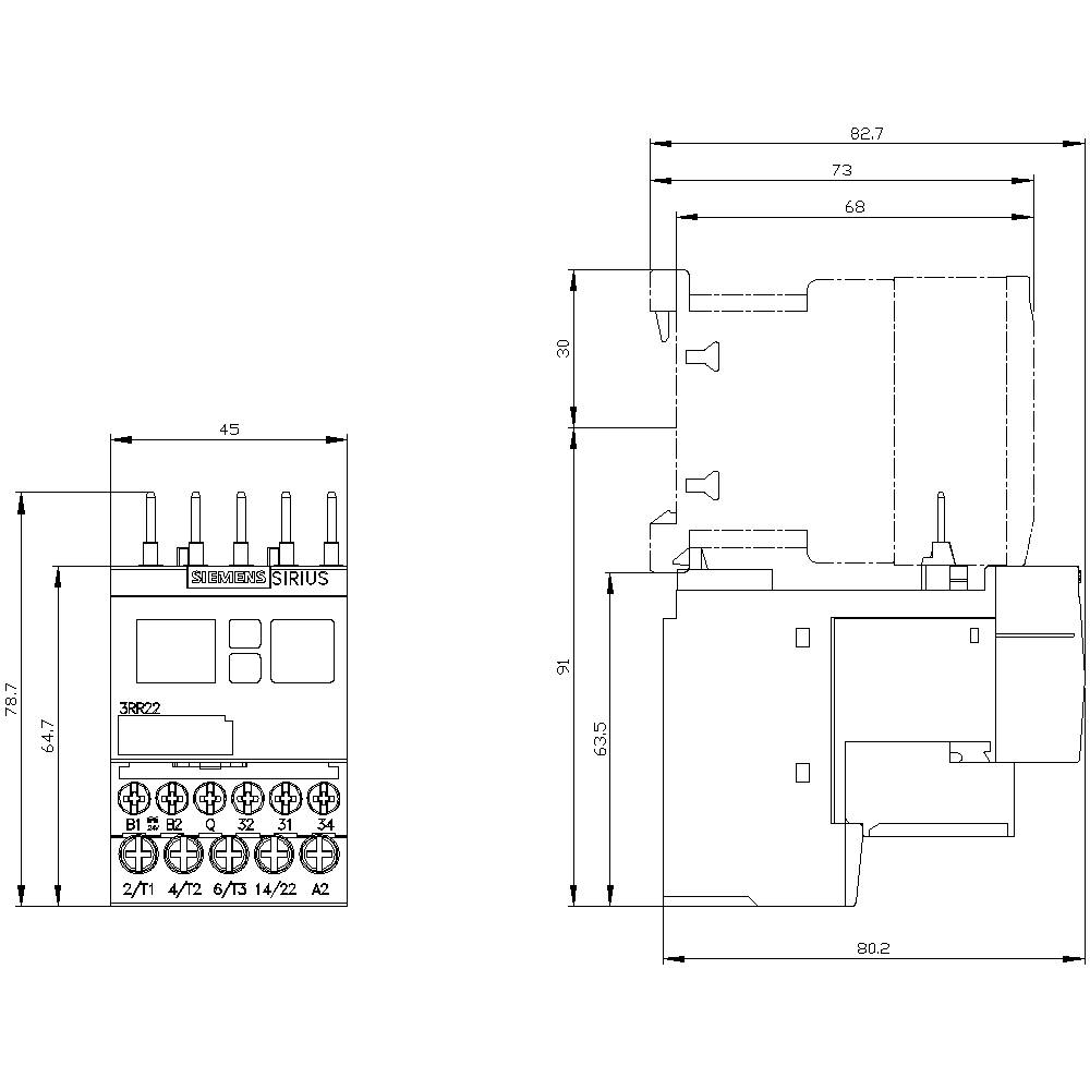 Technical drawing of an electrical contactor with dimensions. Shows front and side view with precise measurements in millimetres.