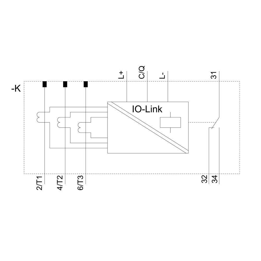'IO-Link' circuit diagram shows wiring with four connection points: 2T1, 4T2, 6T3, -K. Arrow pointing right from 'IO-Link' towards C/Q.