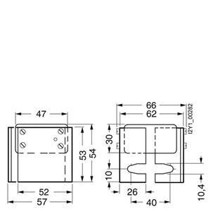 Technical drawing of a relay: Top view and side view with dimensioning. Shows width, height, and depth.