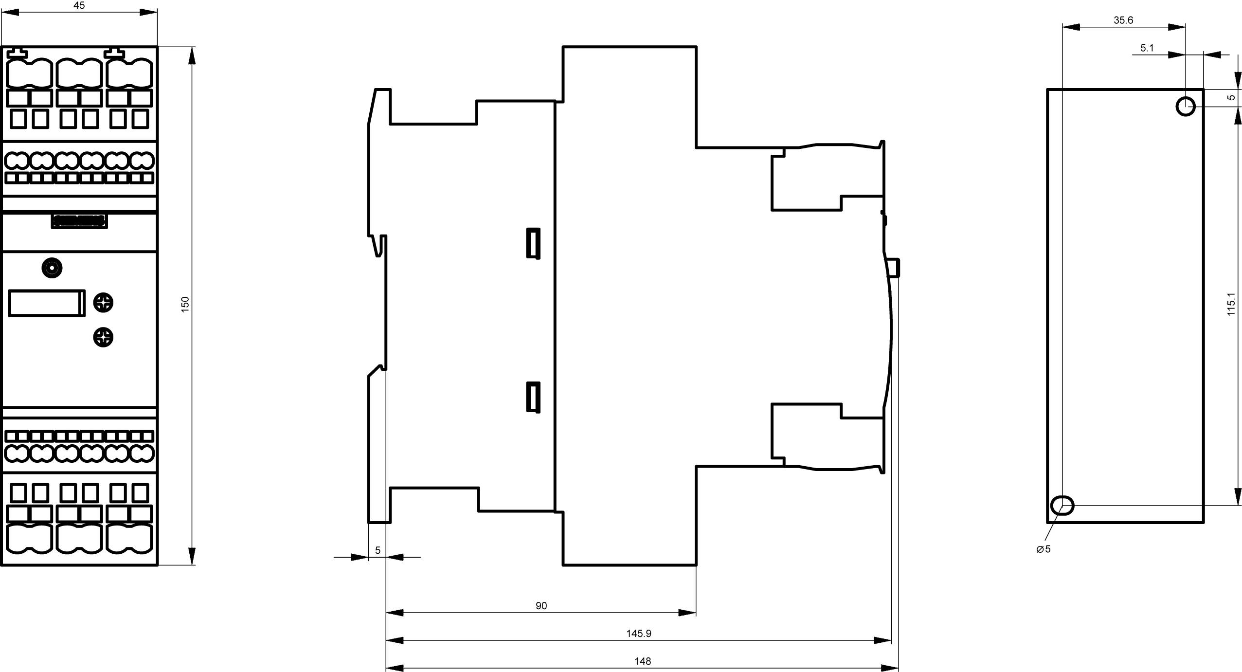 Technical drawing of an electrical component with dimensions. Shows front, side, and top views. Contains precise measurements.