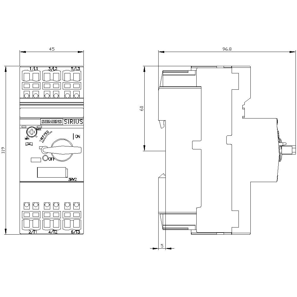 Technical drawing of an electrical switch. Shows front and side view with dimensions. Highlights on/off switch and connections.