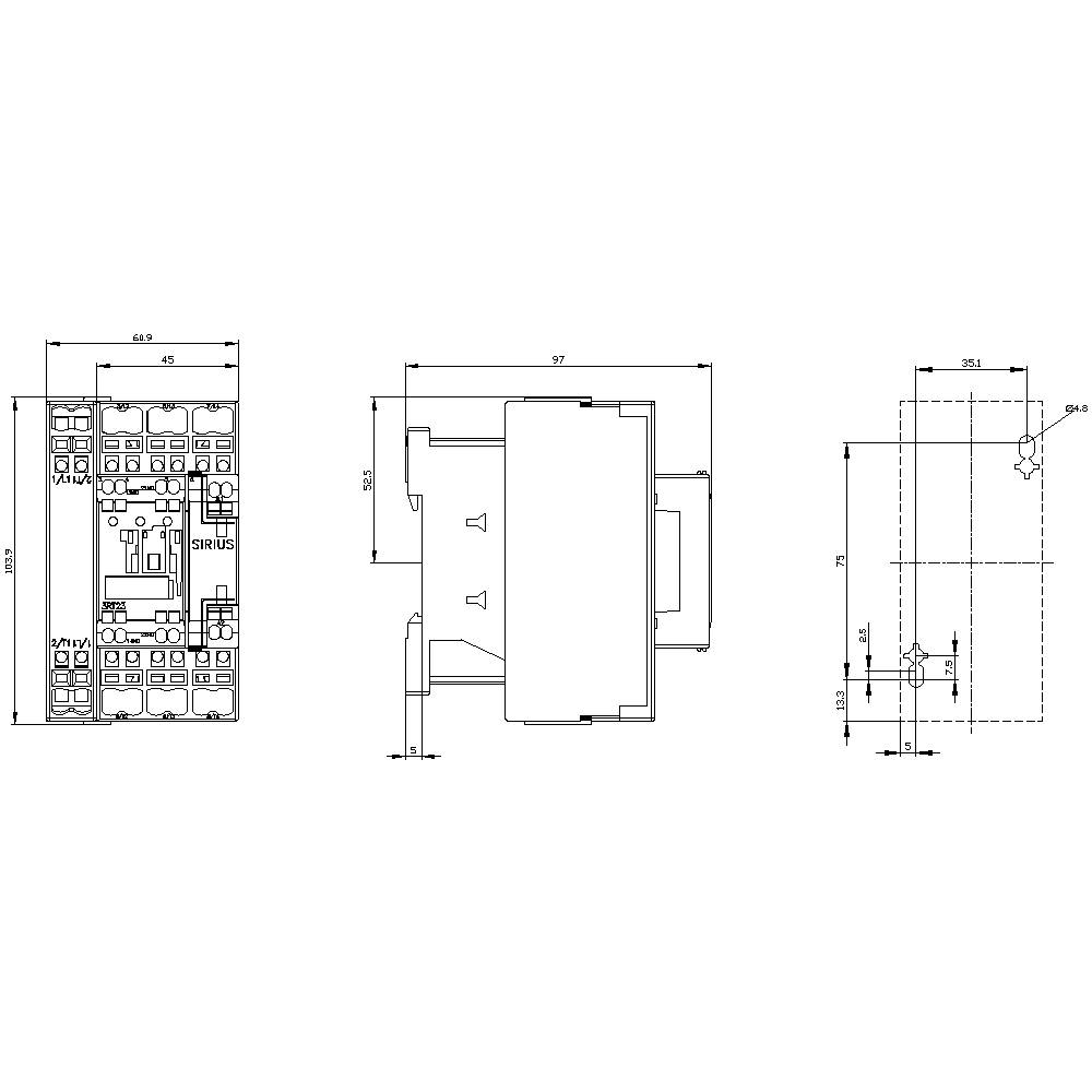 Technical drawing of an electronic device with dimensions. Shows details of front, side, and rear views with specific measurements.