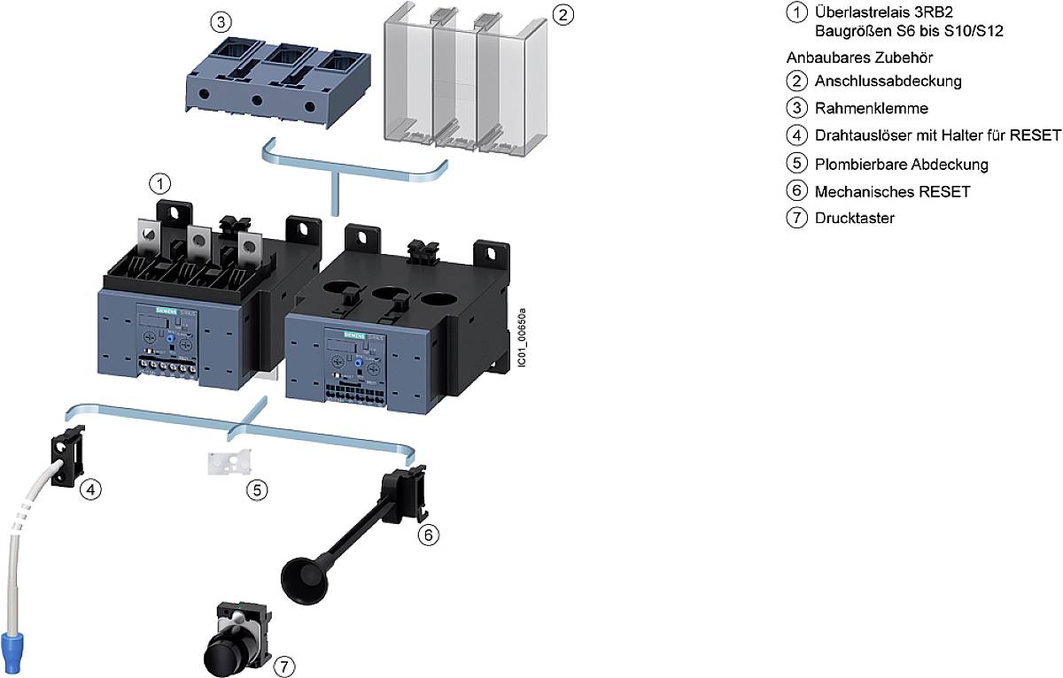 'Exploded diagram of an overload relay 3RB2 with accessories and connection parts, numbered parts 1 to 7, including push button.'