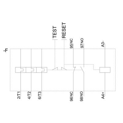 Schematic of an Electrical Switch with Markings: TEST, RESET, T1, T2, T3, NC, NO, A3-, A4+. Connections and Contacts Shown.