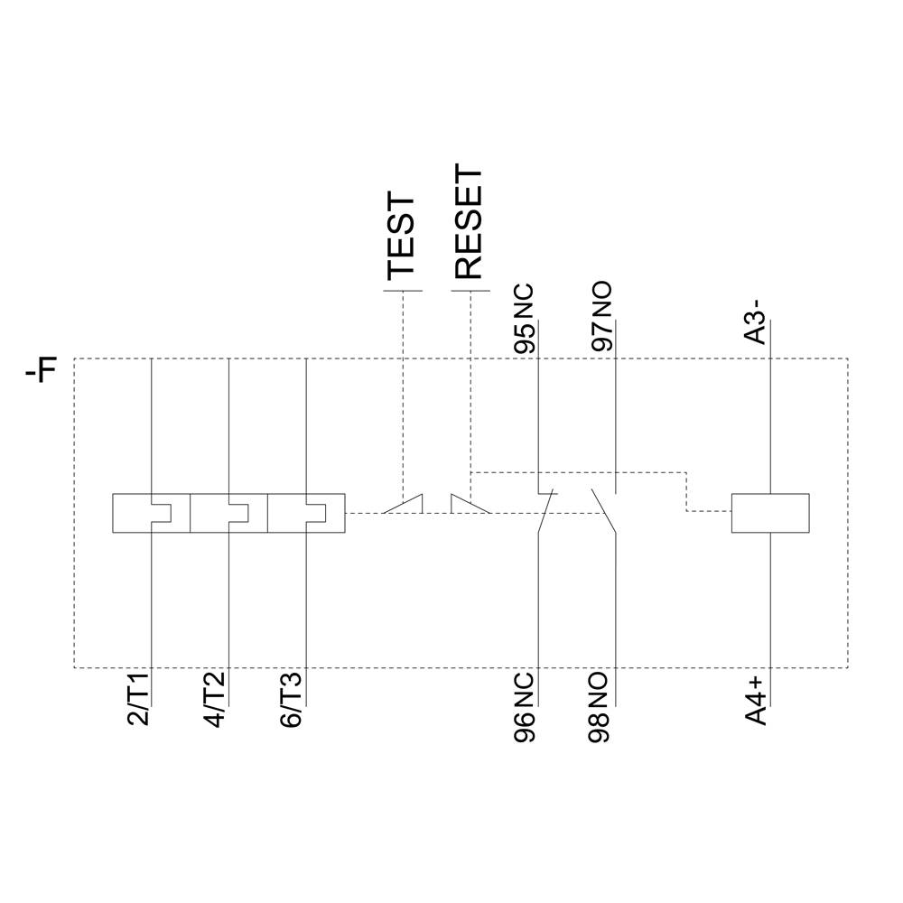 Circuit diagram of an electrical circuit with test and reset switches used for control. Connections are labelled.