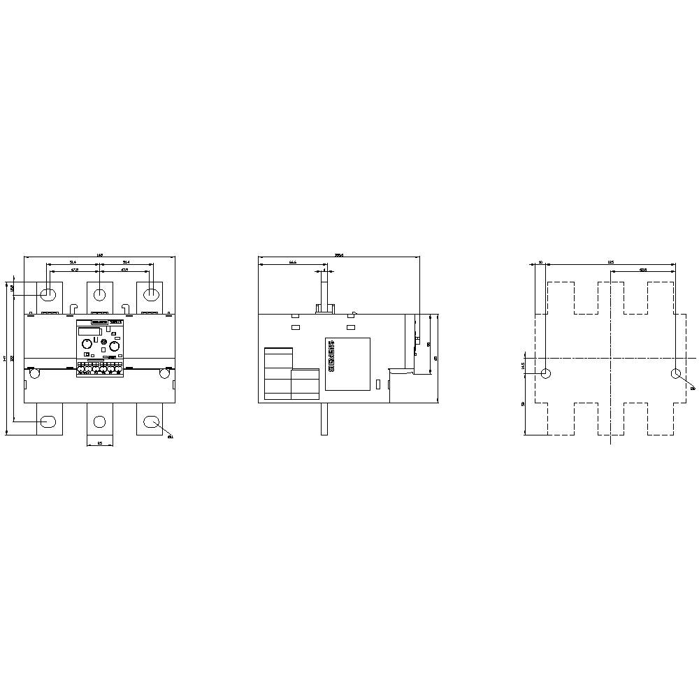 Technical drawing of an electronic component with three views: front, side, and top view, with detailed circuit diagrams.