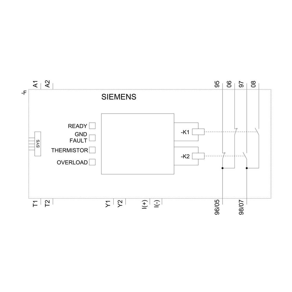 Circuit diagram shows Siemens module with connections: READY, GND FAULT, THERMISTOR, OVERLOAD and relays K1, K2. Connections clearly illustrated.