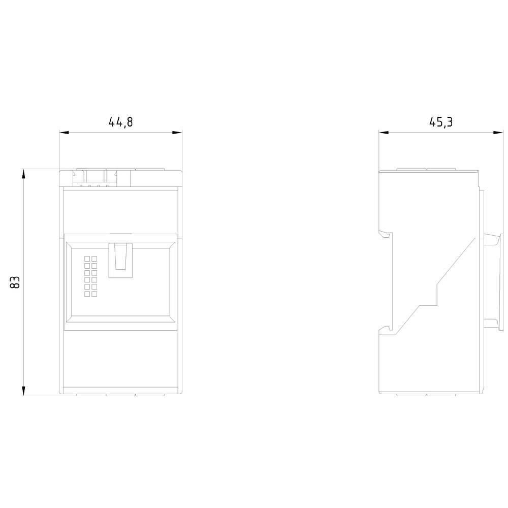 Technical drawing of a device with front and side view. Dimensions: Width 44.8 cm, Height 83 cm, Depth 45.3 cm.