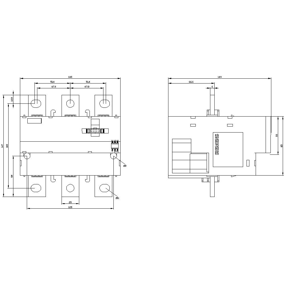 Technical drawing of a cabinet housing with front and side view, including dimensions and labels.