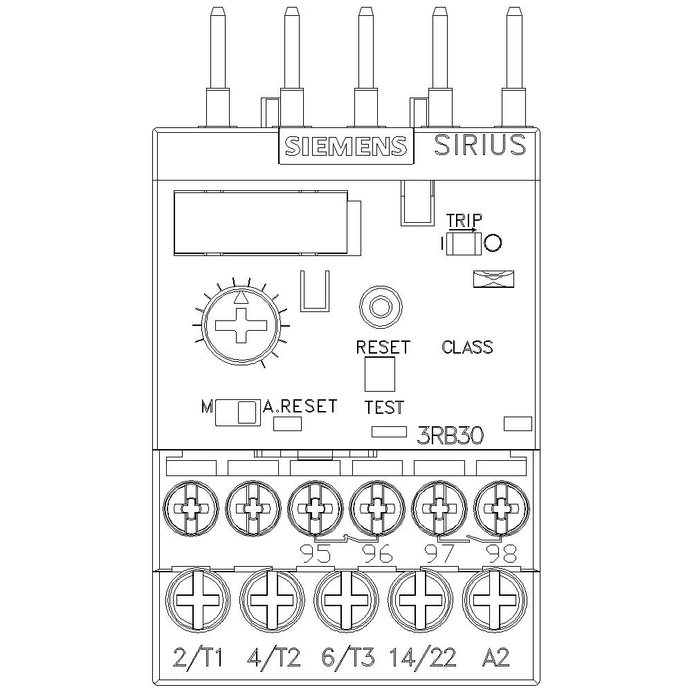 A technical drawing of a Siemens Sirius contactor, including connections and control buttons. Suitable for industrial applications.