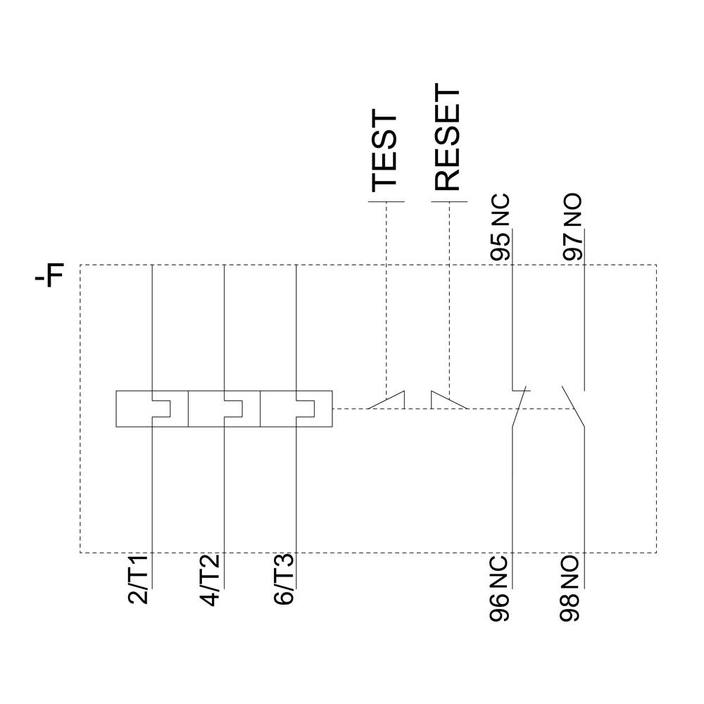 Circuit diagram of a control unit with test and reset function. Connections are labelled: 2/T1, 4/T2, 6/T3, 95 NC, 96 NC, 97 NO, 98 NO.
