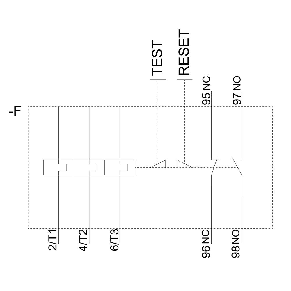 Diagram of an electrical circuit plan for a fuse unit with 'TEST' and 'RESET' buttons; connections from 2/T1 to 98/NO.