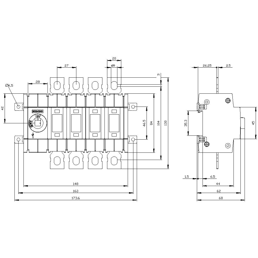 Technical drawing of an electrical switch with front and side view. Dimensions specified in millimetres.