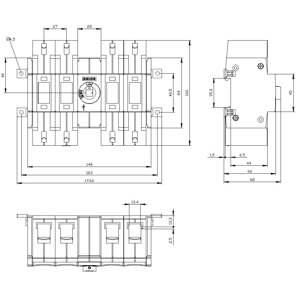 Technical drawing of a switch with dimensions in millimetres. Top view and side view show design and measurement details.