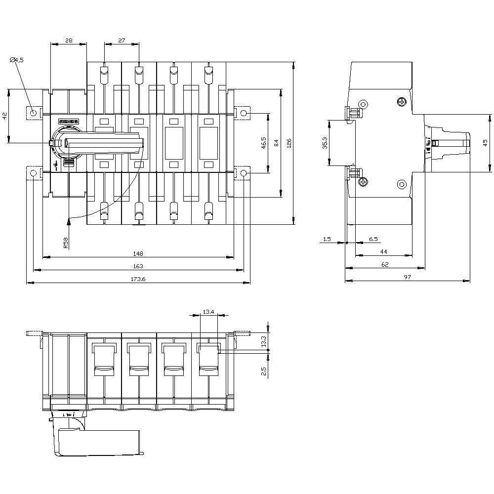 Technical drawing of an electrical switch with detailed dimensions and front, side, and top views.