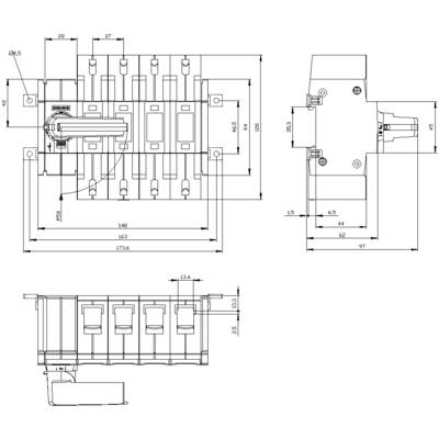 Technical drawing of an electrical switch with detailed dimensions and front, side, and top views.