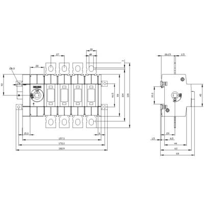 Wiring diagram of an electrical switch with detailed dimensional specifications. Shows contacts, labelling, and measurements for technical installation.