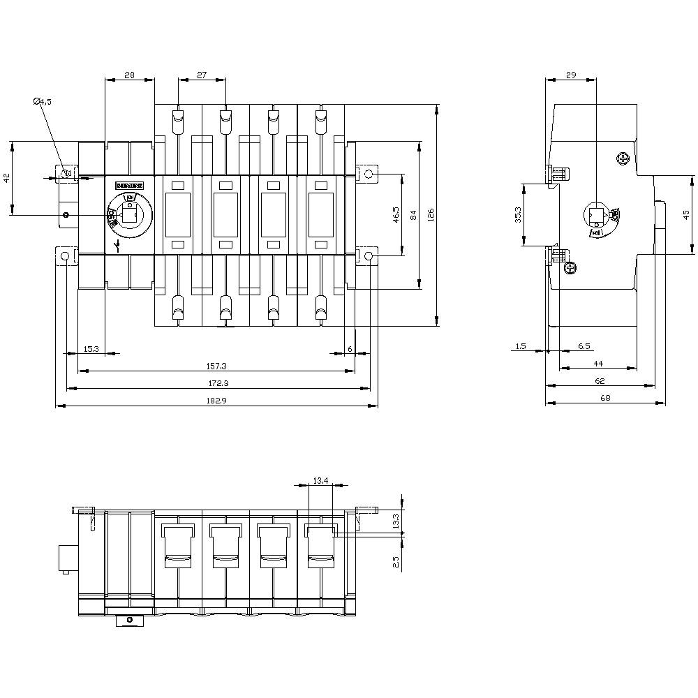 Technical drawing of an electrical switchgear with front and side view. Dimensions given in millimetres.