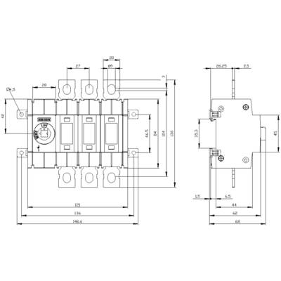 Technical drawing of a switch with dimensions in millimetres. Shows front and side view with precise measurements and layout.