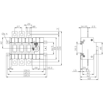 Technical drawing of an electrical switch with dimensions and views from above and the side. Markings for connection points and screw holes are visible.