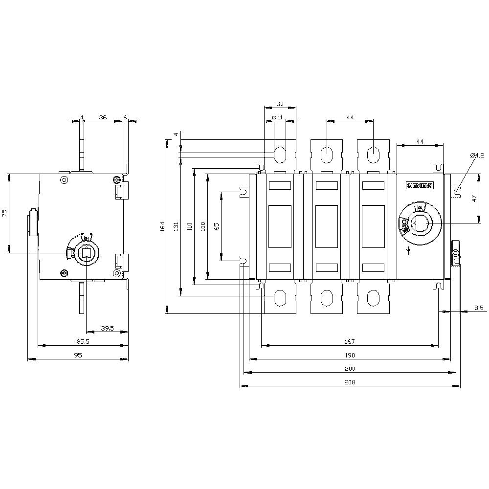 Technical drawing of a switch with detailed dimensional specifications in millimetres, showing front and side views.