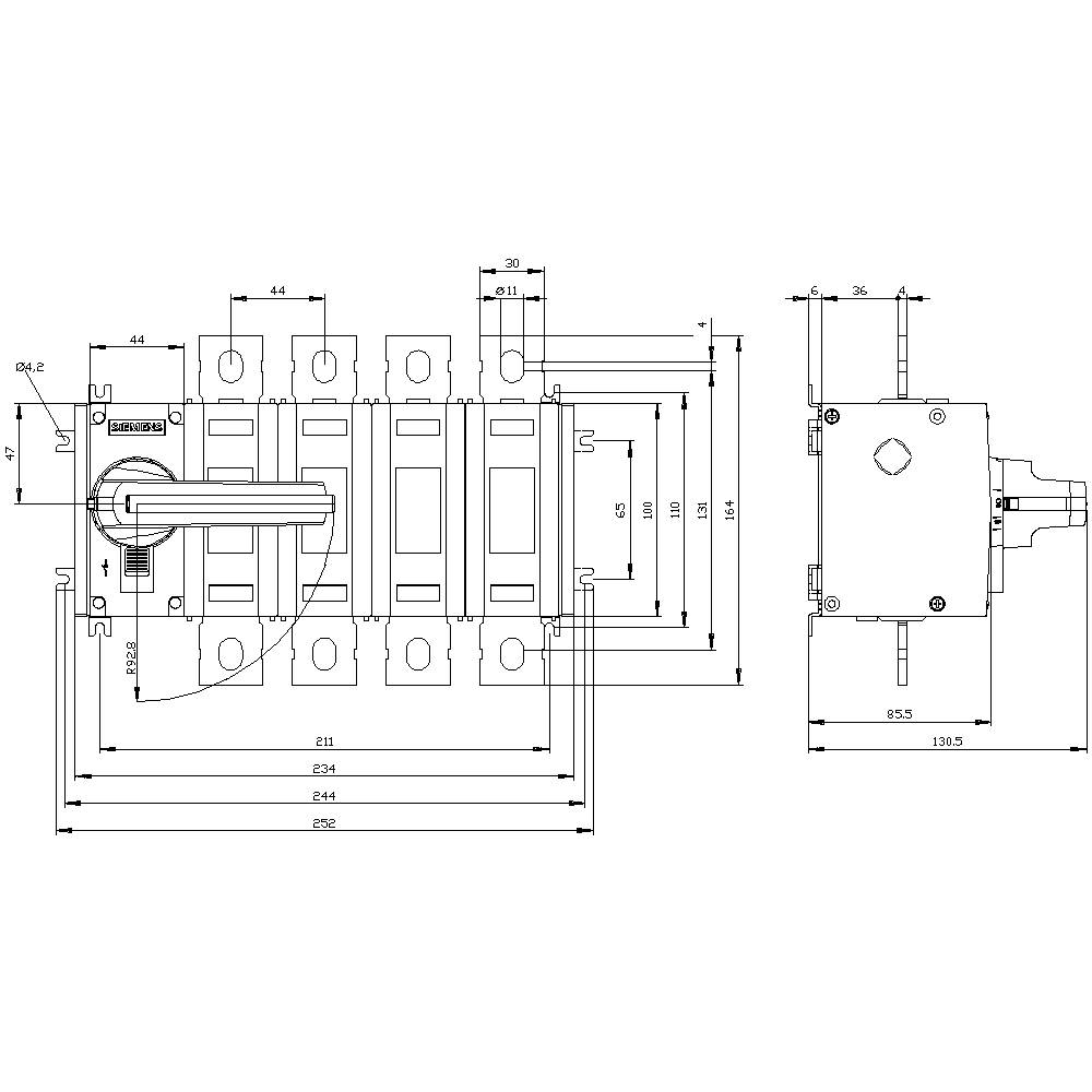 'Technical drawing of an electrical switch with handle and dimensions. Shows front and side views with precise measurements.'